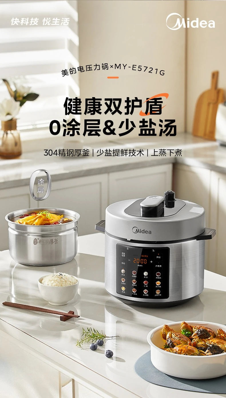 Midea electric pressure cooker with stainless pot and serving bowls on a light countertop
