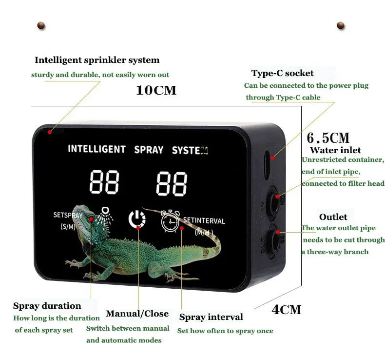 Intelligent spray system control box with display, spray duration markings, and ports