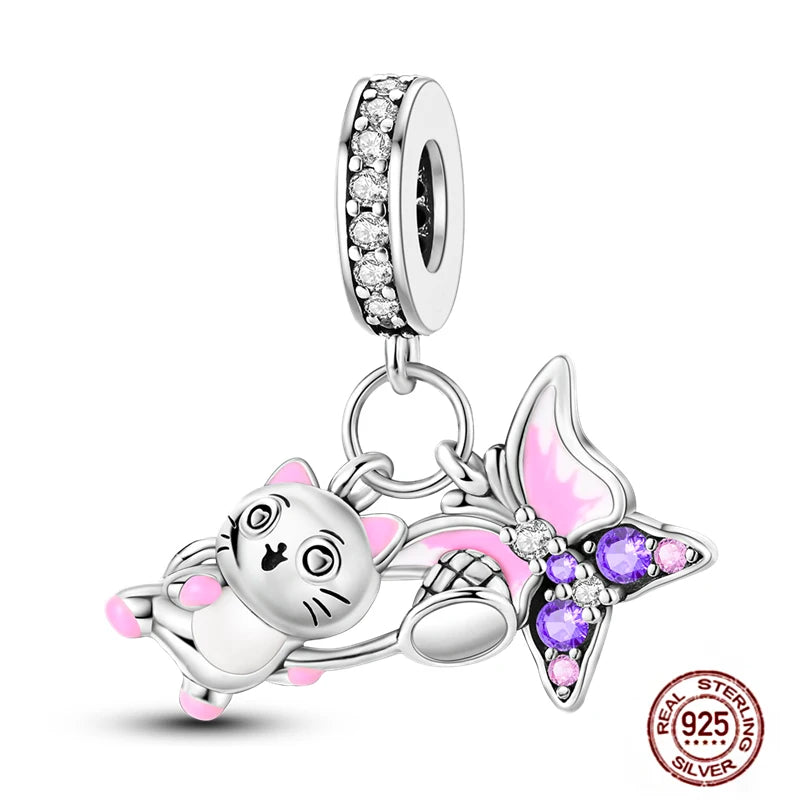 925 sterling silver cat and butterfly charm with pink enamel and crystals, fits Pandora-style bracelets for pet lovers.