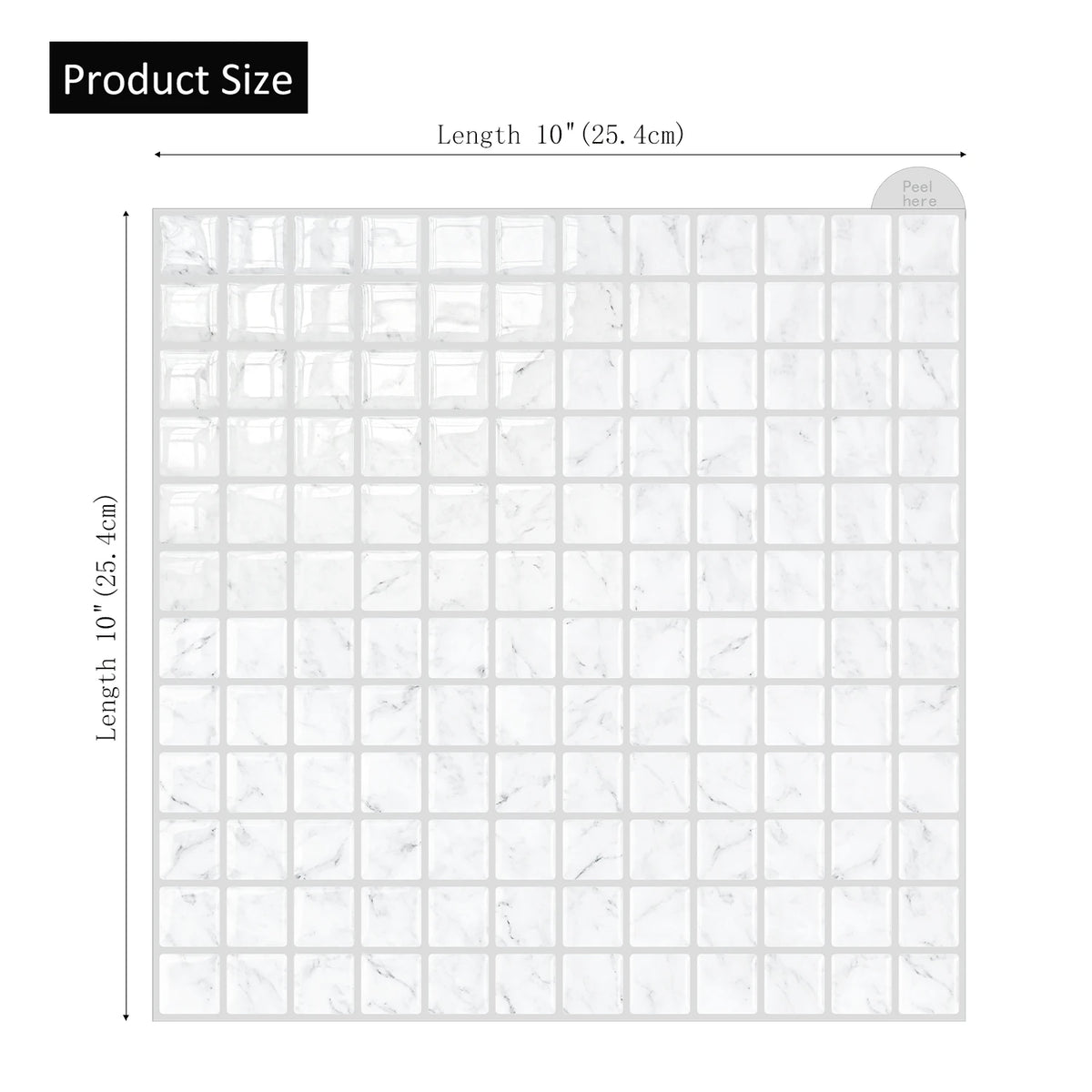 Peel-and-stick 3D wall tile stickers, white square mosaic sheet