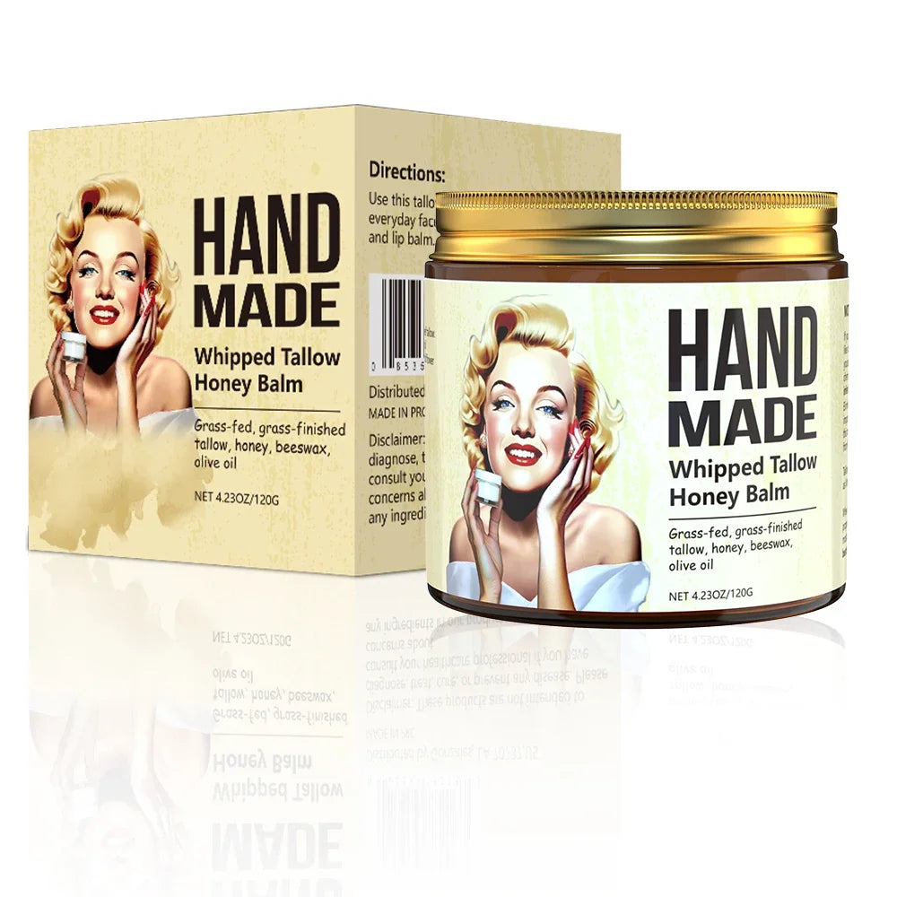 ENVISHA handmade whipped tallow honey balm face cream jar with gold lid and vintage style label packaging.