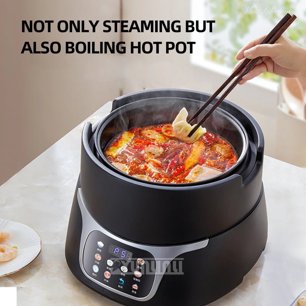 5L black electric multi cooker with glass lid, open pot of simmering food and control panel