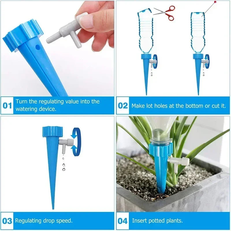 Blue drip irrigation stake with adjustable valve, shown being turned and inserted