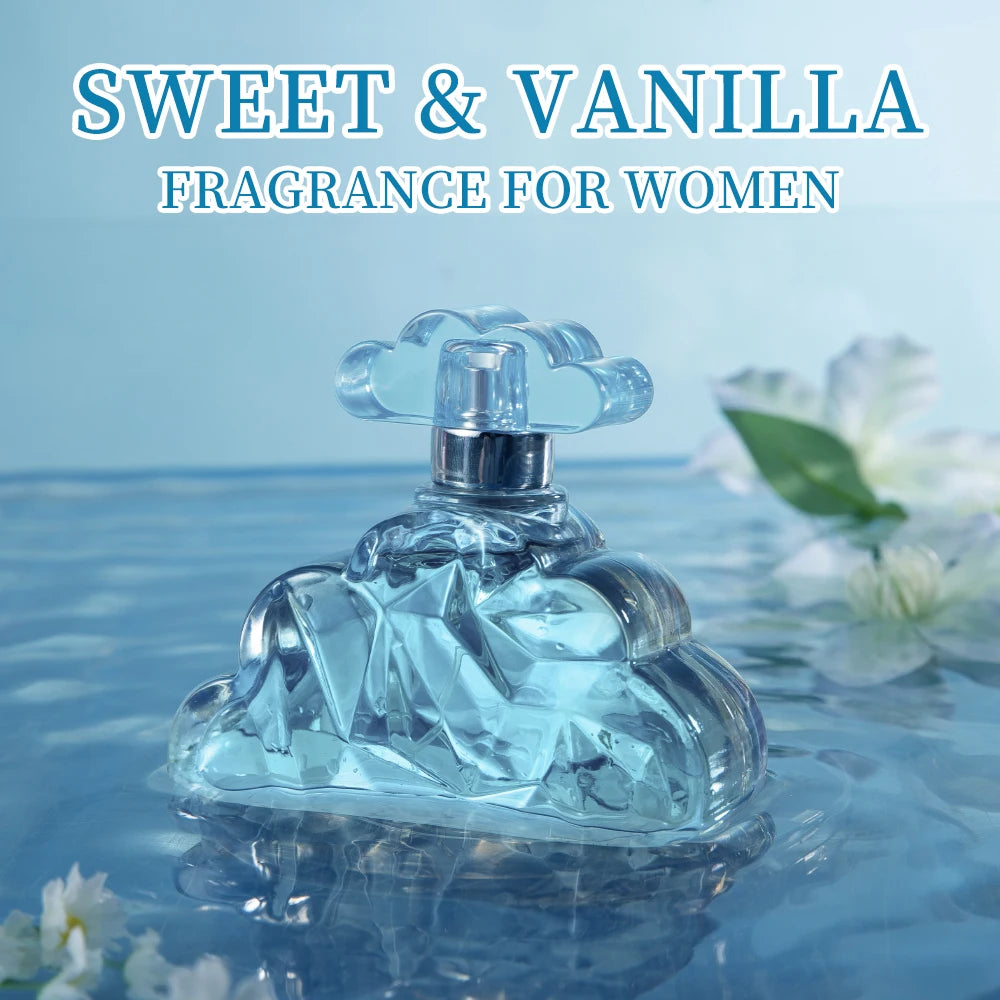 3.4oz Women’s EDT spray, sweet vanilla & lavender perfume in a unique blue cloud-shaped bottle for daily wear.