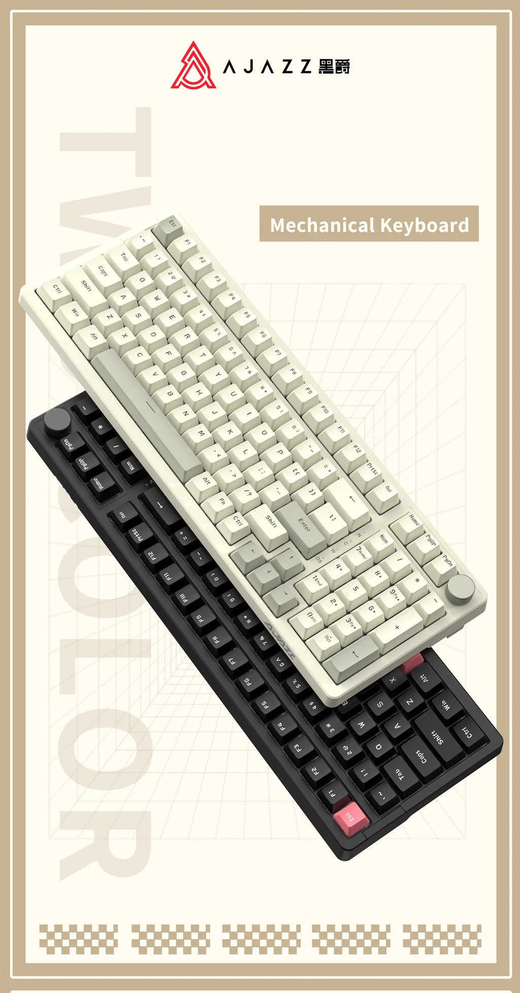 AK992 Retro Wired Mechanical Keyboard 100% 98-Key Full Layout Hot-Swap USB Gaming Keyboard Multimedia Key Knob, Blue Backlight