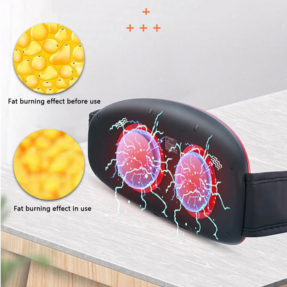 Black, oval-shaped electric body massager with two red circular nodes radiating blue light energy on a white surface.