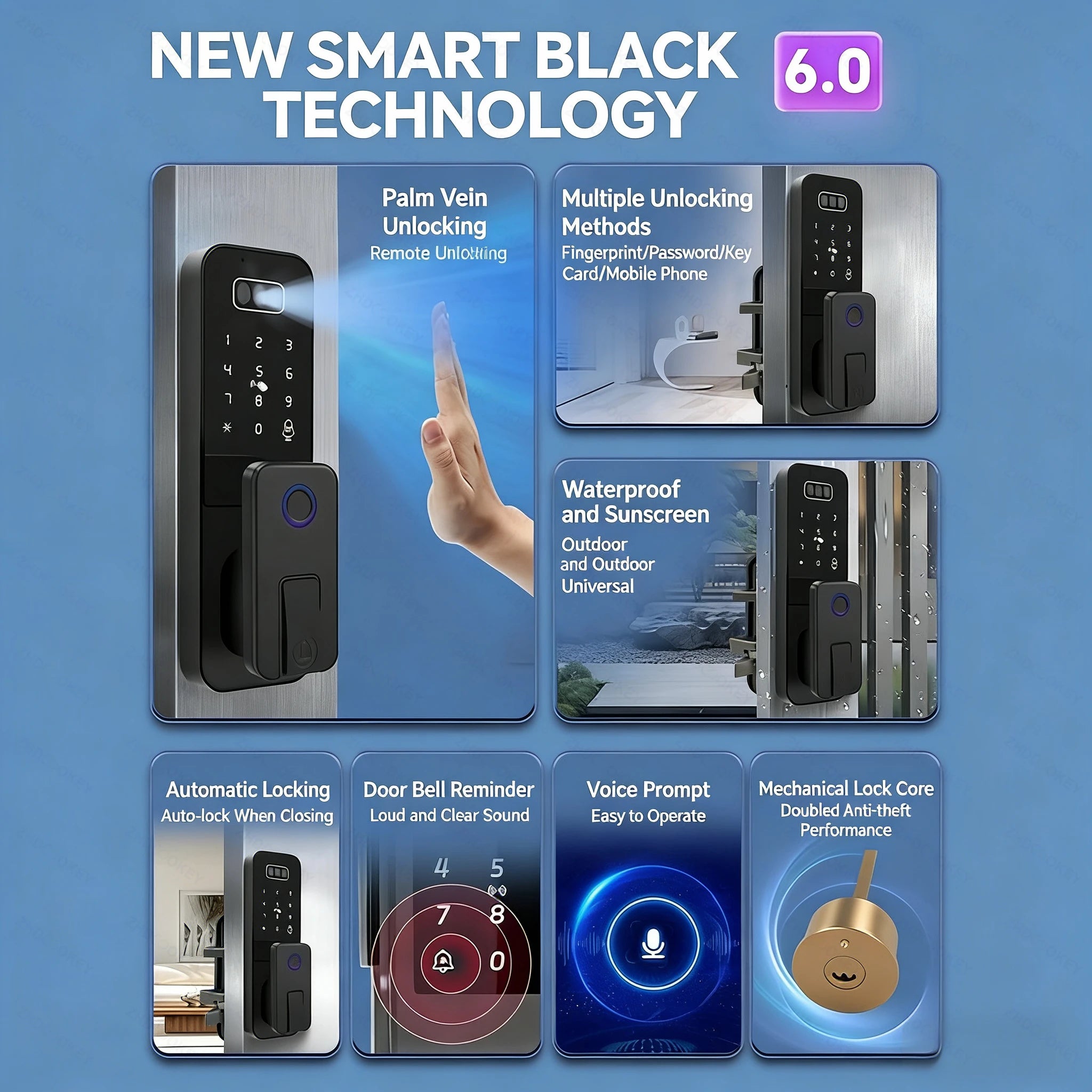 Smart Tuya WiFi APP Bluetooth Door Lock with Palm Vein Face Recognition Doorbell Waterproof Scissor Tongue Rim Locks No Drilling