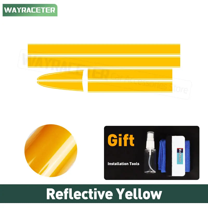 Yellow reflective vinyl bonnet stripe decals for Fiat, including installation tools, shown on a plain white background.
