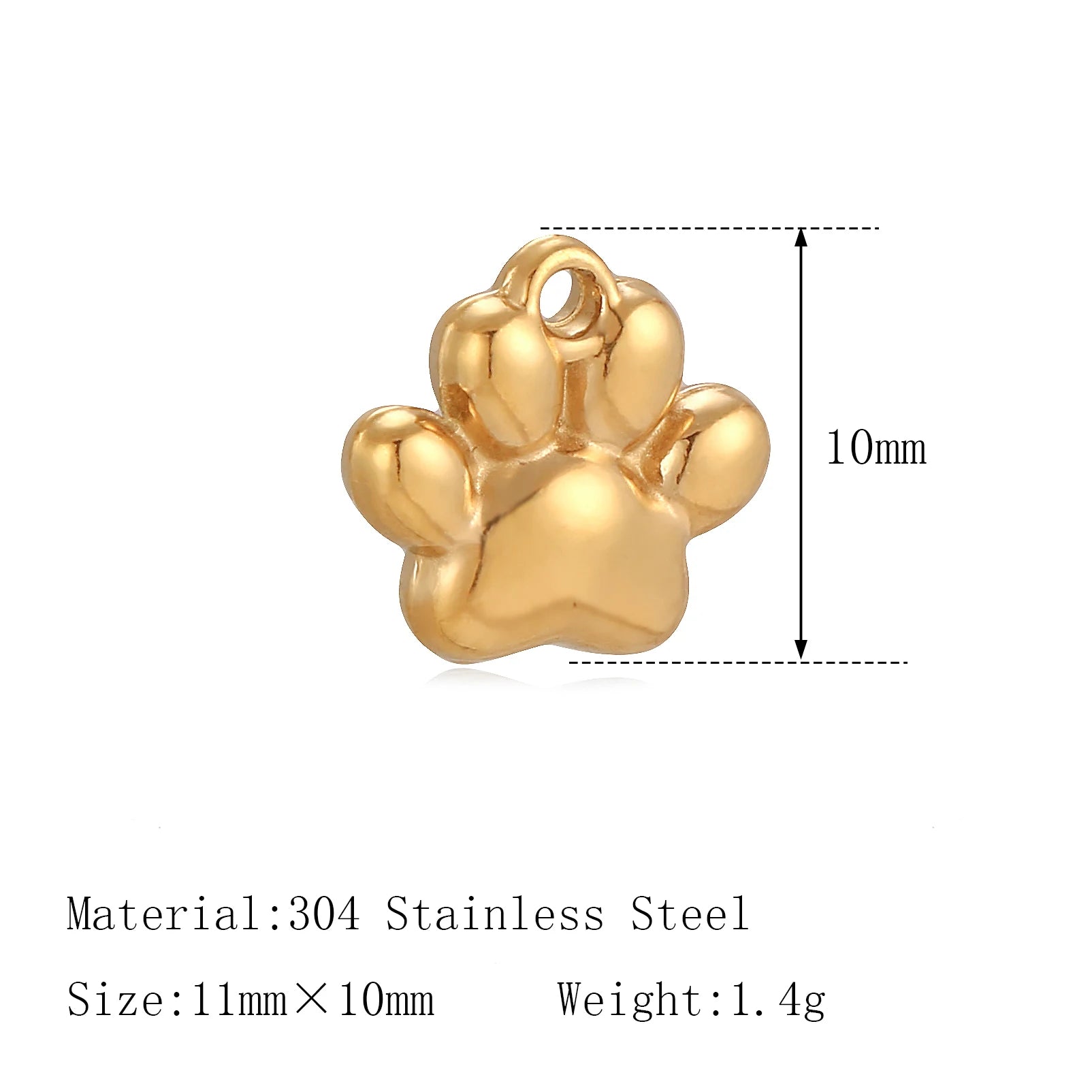 Gold cat paw pendant, 10mm stainless steel charm for DIY pet jewelry making and custom bracelets.