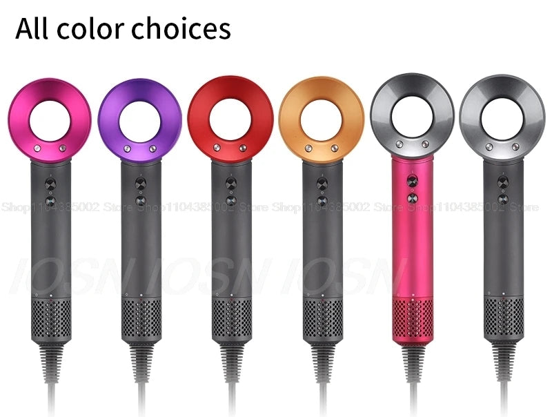 Six professional leafless negative ion hair dryers in multiple colors with quick-dry technology and ergonomic design.