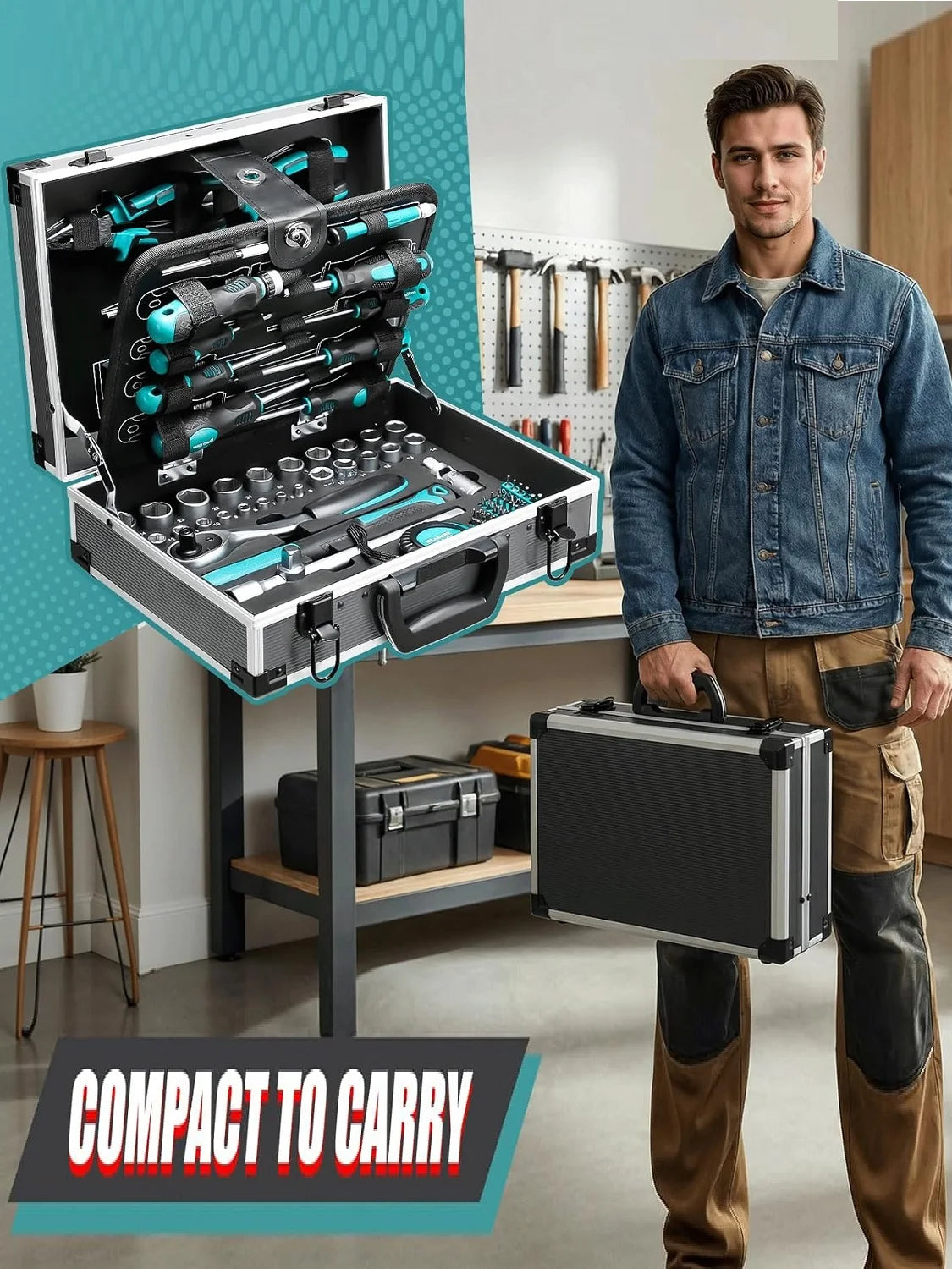 Aluminum Tool Case Filled with 122-piece Tool Set | Workshop Case Equipped w/ Wrenches, Hammer, Pliers, Screwdrivers, Toolbox