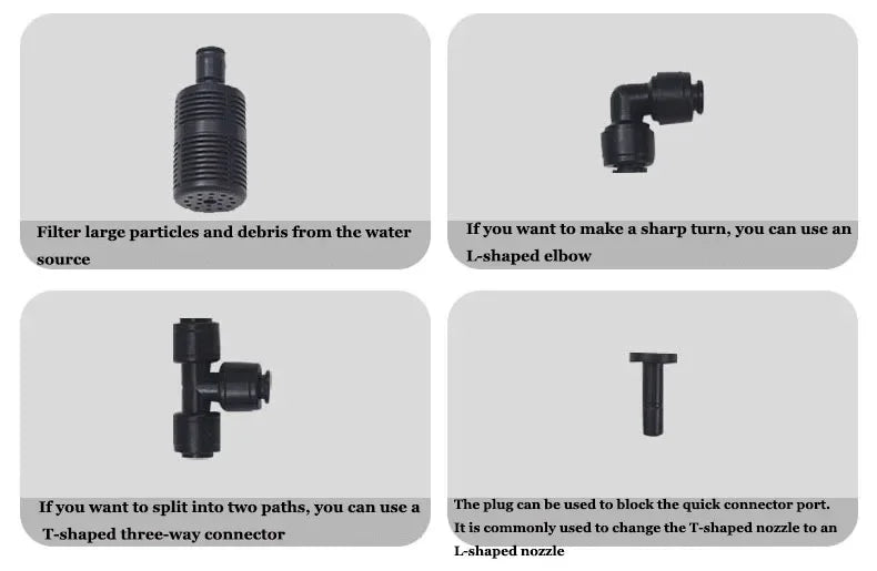 Spray system fittings set with filter unit, L-shaped elbow, and T-split connector