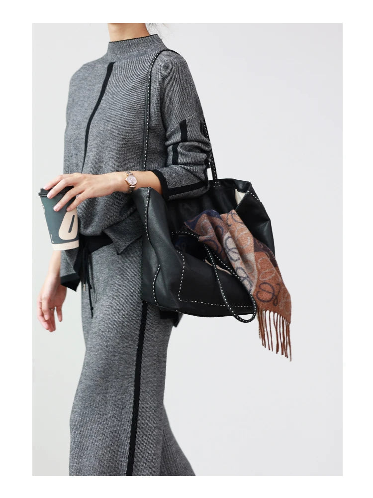 Women Large Capacity Genuine Leather Tote Soft Shoulder Bag
