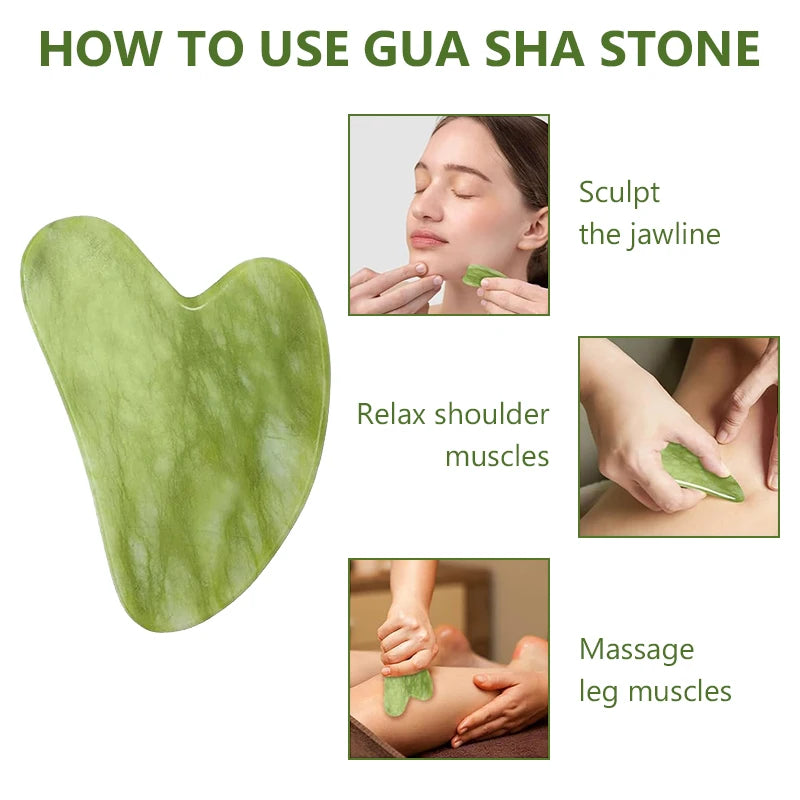 A green jade heart-shaped gua sha tool, with diagrams showing how to massage the face, shoulders, and legs.