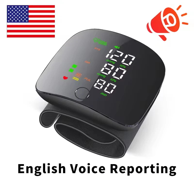 Home Medical USB Charging Blood Pressure Tensiometer Digital Wrist BP Monitor High Precision Heart Rate Detection English Voice