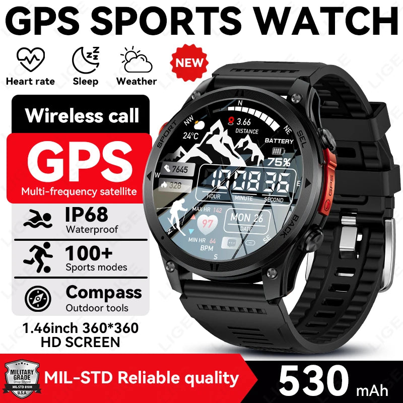 Black GPS sports smartwatch with silicone strap and red bezel accents, 1.46 in HD screen.