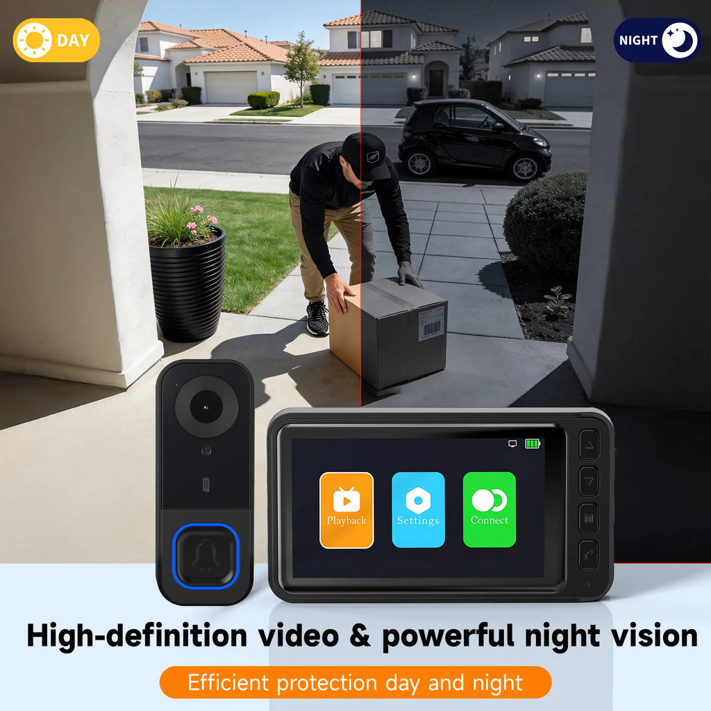 Video Doorbell HD Camera Night Vision No Monthly Fee Local Storage Up to 128GB Micro SD Card Two Way Talk IP66 Waterproof 300K Pixel Full Body View Local Screen Playback Desktop Stand Wall Bracket Day Night Protection for Hom