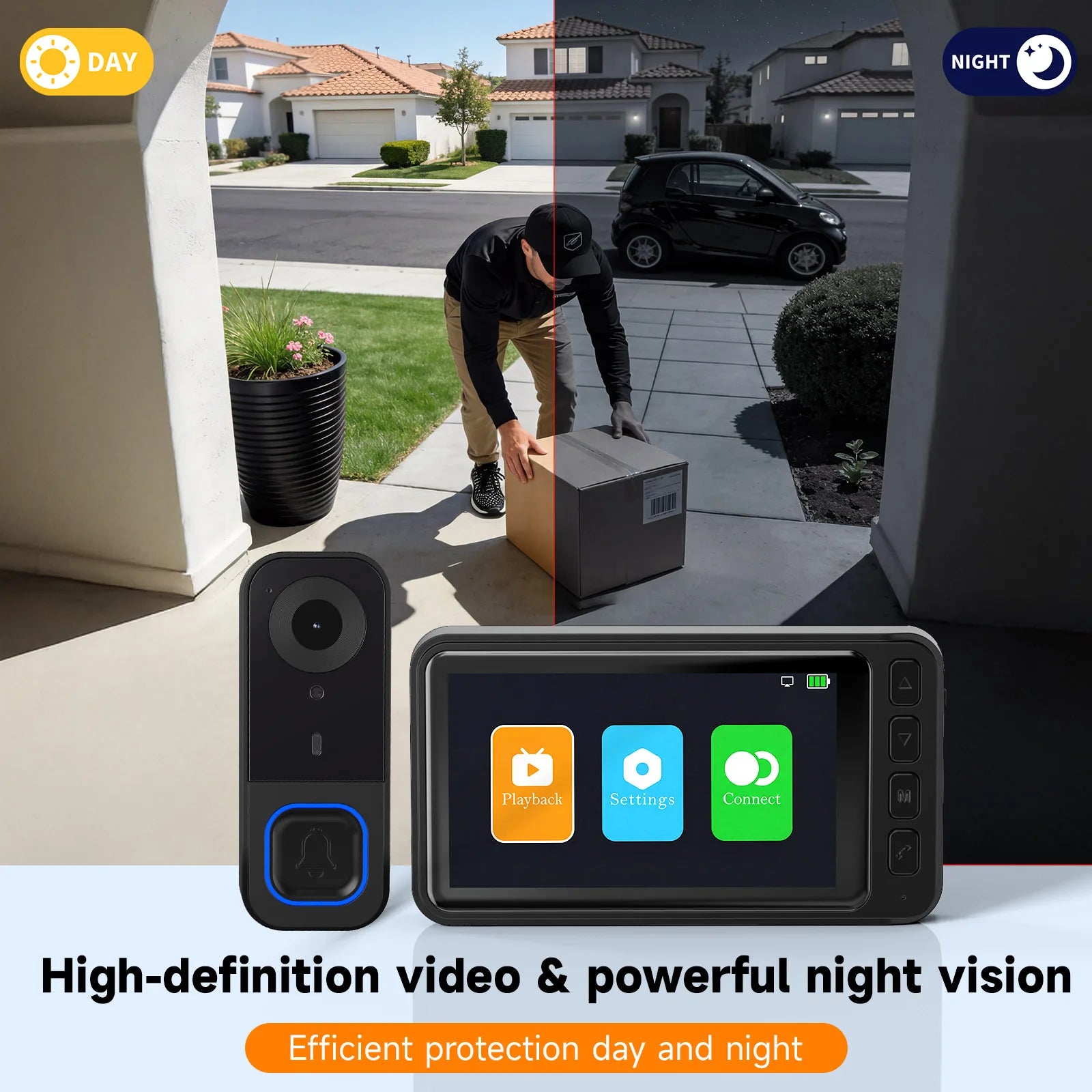 Video Doorbell HD Camera Night Vision No Monthly Fee Local Storage Up to 128GB Micro SD Card Two Way Talk IP66 Waterproof 300K Pixel Full Body View Local Screen Playback Desktop Stand Wall Bracket Day Night Protection for Hom