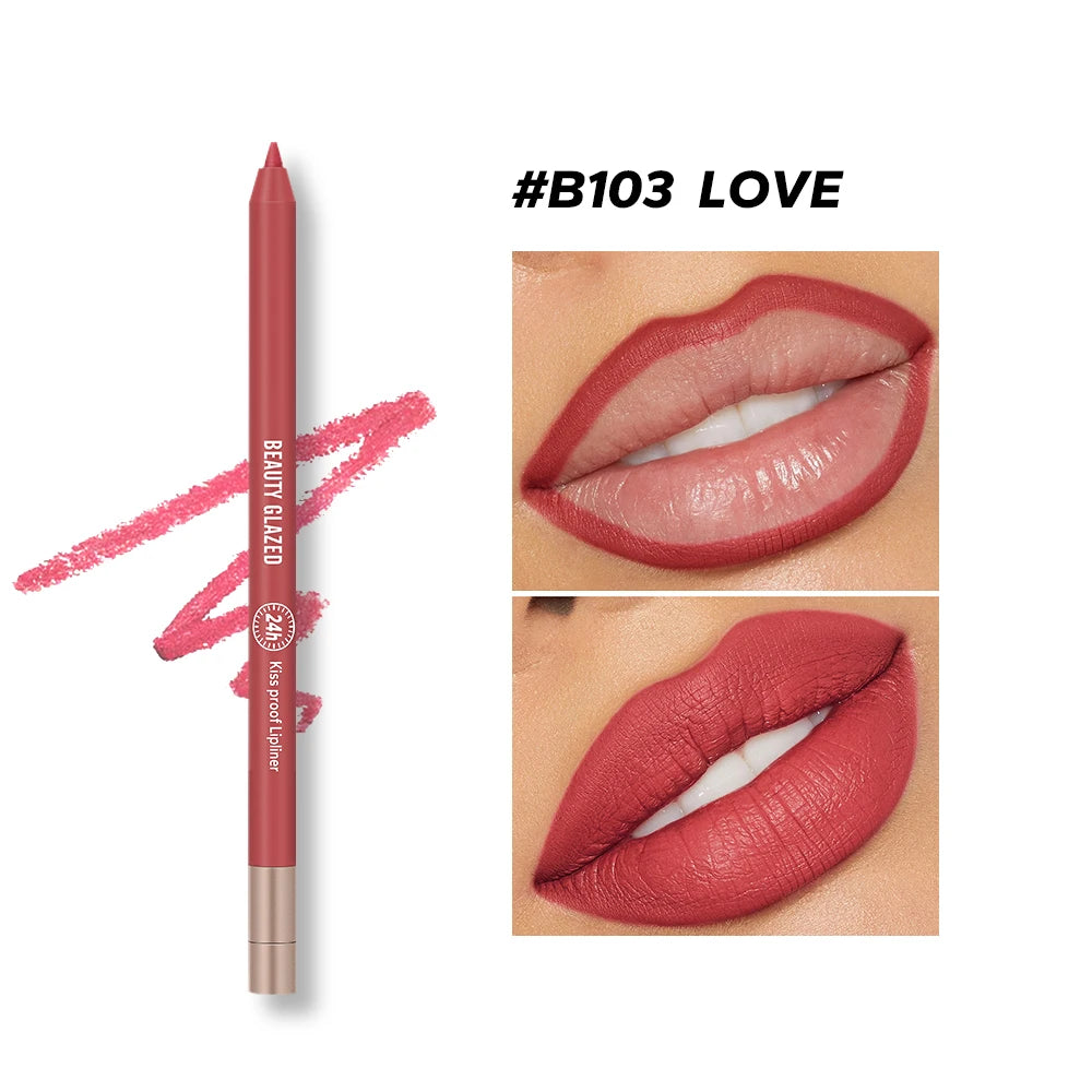 Waterproof matte lip liner pencil in shade B103 Love, showing swatch and model application for plumping lip makeup.