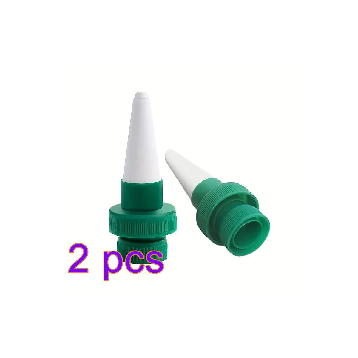 Two plant drip irrigation stakes with white spikes and green ribbed caps, open tips.