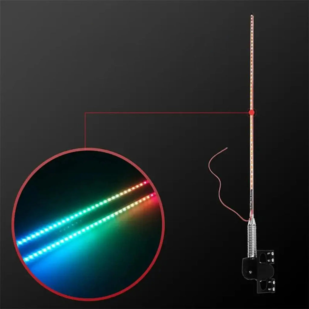 LED whip light for off-road vehicles with a flexible, light-up pole, mounting bracket, and color-changing effects.