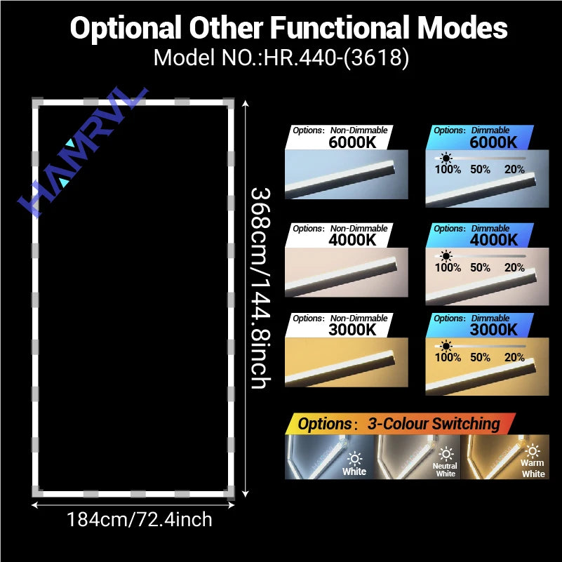 Rectangular LED ceiling light sizing diagram, 184cm x 36.8cm