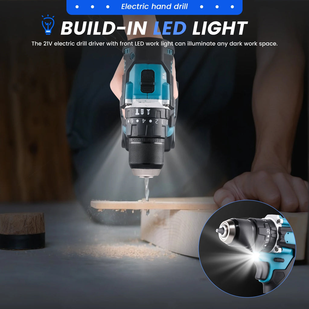 Podofo 21V Cordless Brushless Impact Drill Electric Screwdriver Power Tool with Battery Charger 2 Speed Gearbox 23 Torque Settings LED Light Rechargeable Drill Driver for Wood Metal Plastic DIY Repair