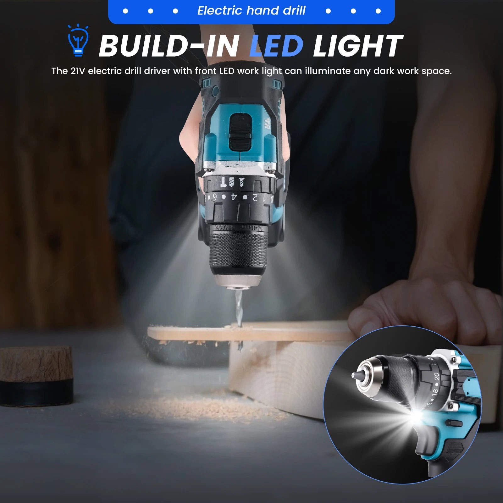 Podofo 21V Cordless Brushless Impact Drill Electric Screwdriver Power Tool with Battery Charger 2 Speed Gearbox 23 Torque Settings LED Light Rechargeable Drill Driver for Wood Metal Plastic DIY Repair