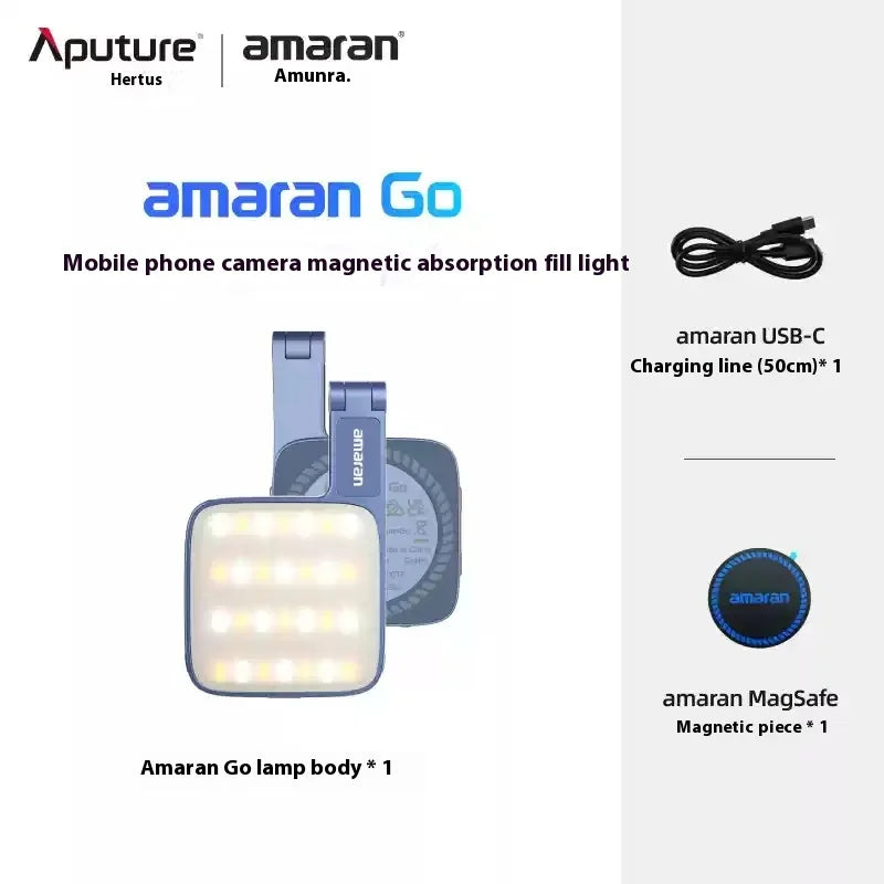 Amaran Go magnetic phone fill light with adjustable arm, USB-C charging cable, and a circular magnetic mounting plate.