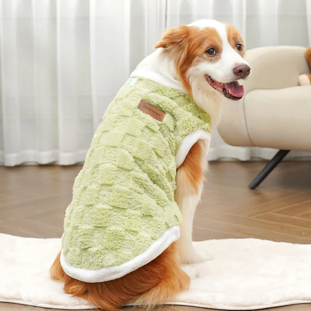 Dog wearing a cozy, sage green fleece winter sweater vest for warmth, available in sizes S-8XL for all dog breeds.