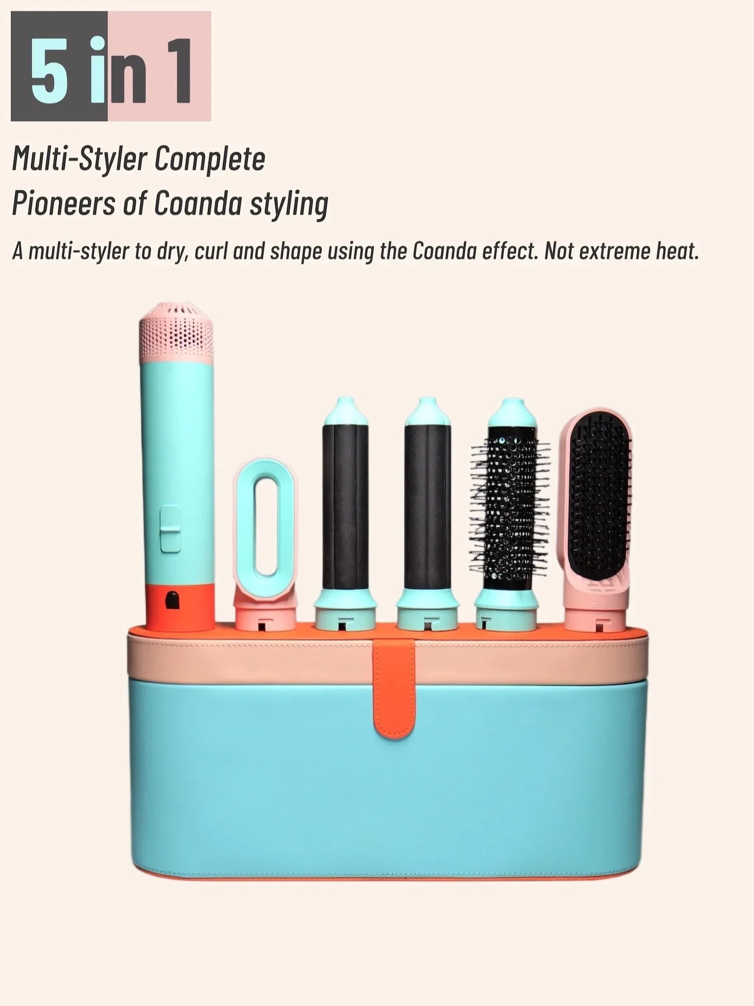 Teal 5-in-1 multi-styler hair dryer set with curling barrels, hot air brushes, and storage case for salon styling.