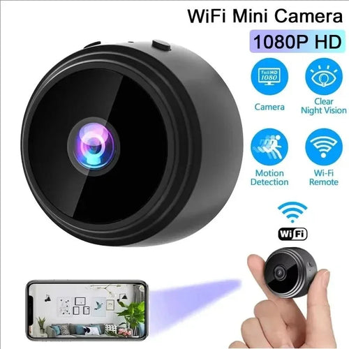 Black mini WiFi security camera with wide-angle lens and compact dome body