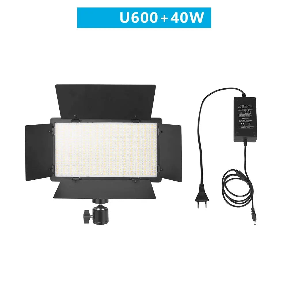 U600+40W rectangular LED video light panel with black barn doors, metal ball head mount, and external power adapter.