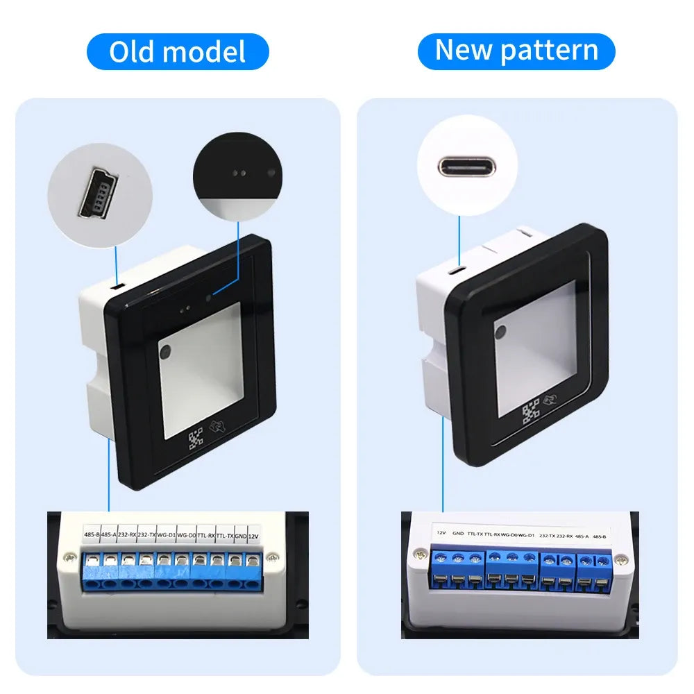 Black QR code access control reader showing front frame and connector ports comparison