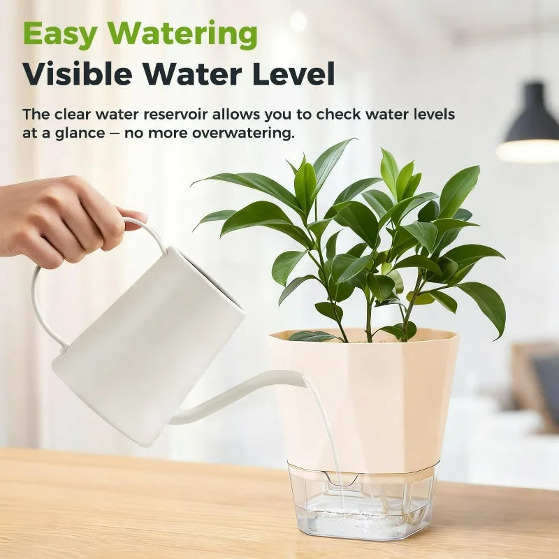 Self-watering planter pot with clear water reservoir base and indoor watering pour