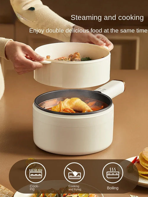 White multi-cooker pot with lid open showing cooking area and steaming and boiling icons