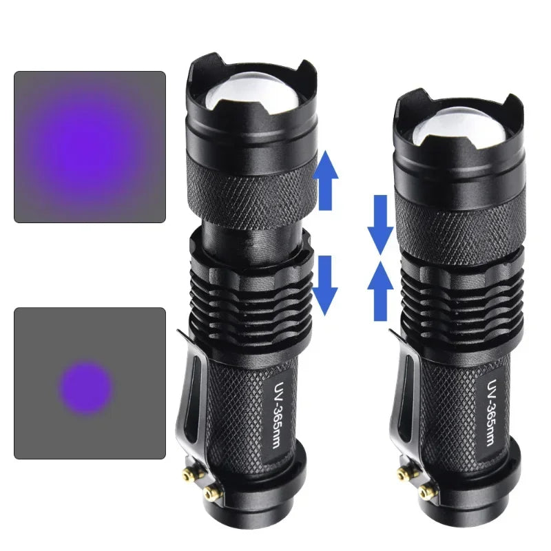 Black zoomable UV flashlight for detecting pet urine stains, 365nm portable metal lamp for cleaning and home use.