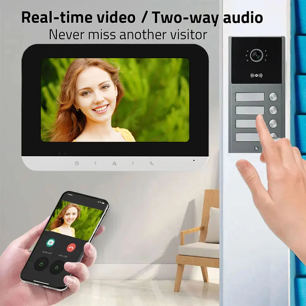 Tuya Wifi 2/3/4 Unit Apartments Residential Video Doorbell Intercom 4 Wire 7 inch Video Intercom System with RFID Card Unlock