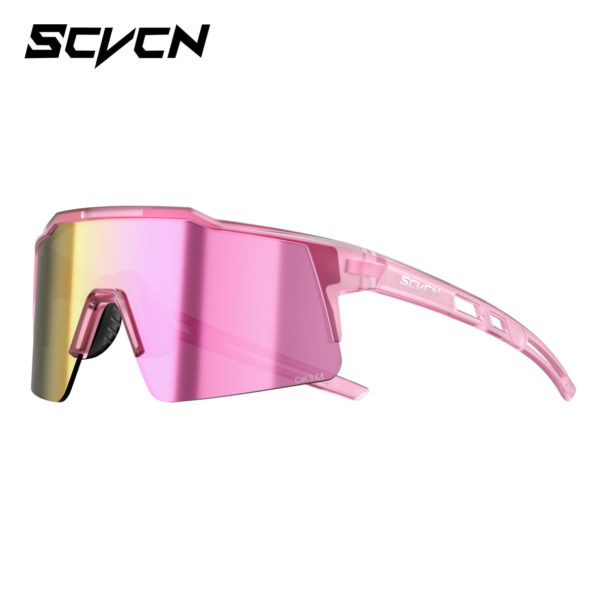 SCVCN photochromic cycling sunglasses, translucent pink frame, pink mirrored lenses