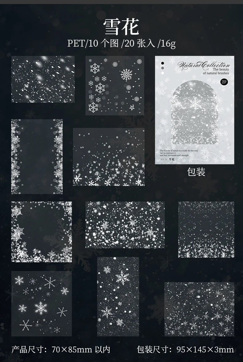 20pcs white snowflake PET stickers for aesthetic DIY journal, diary, and winter-themed scrapbook stationery decoration.