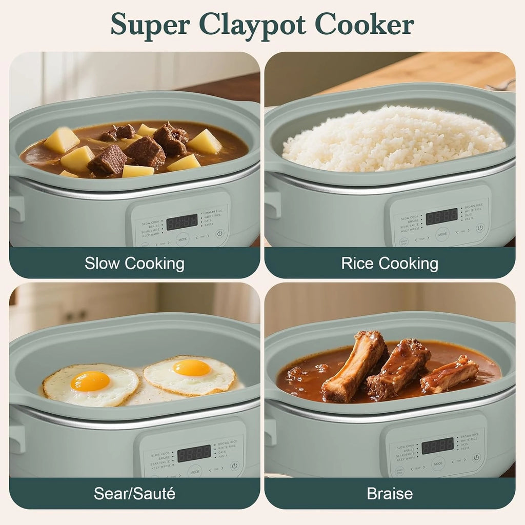 Olive claypot slow cooker base with stoneware pot, shown for slow cook and rice