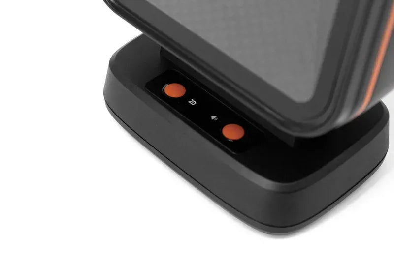 Close-up of orange LED indicators and status lights on the scanner base