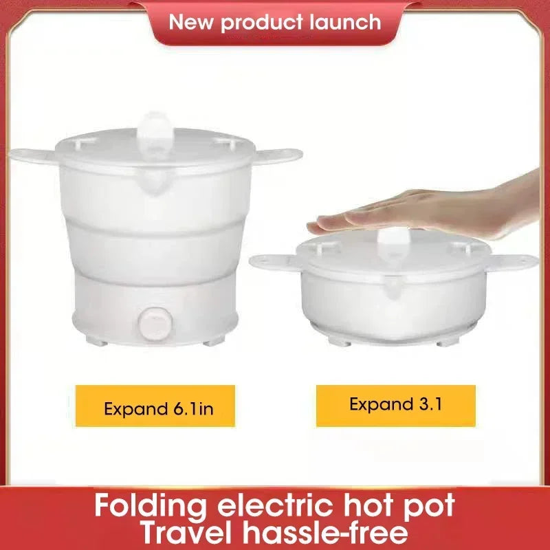 Portable folding electric hot pot, white, shown in expanded and compact sizes.
