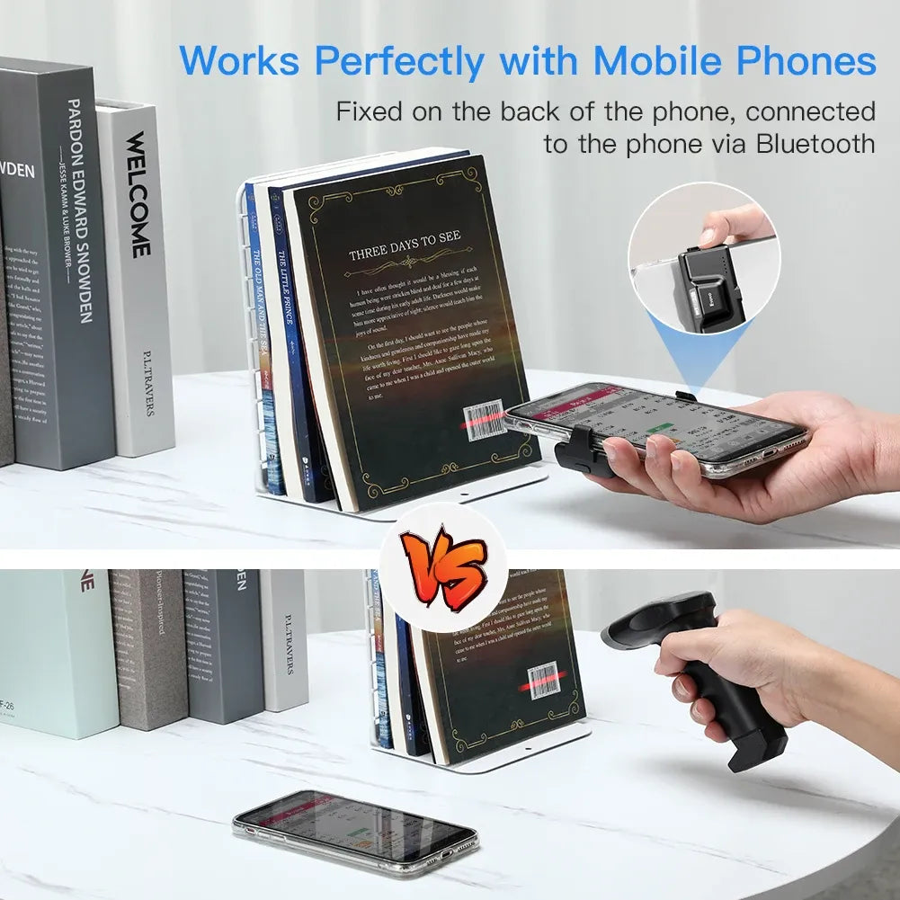 Bluetooth back clip barcode scanner held to a phone for 2D barcode scanning