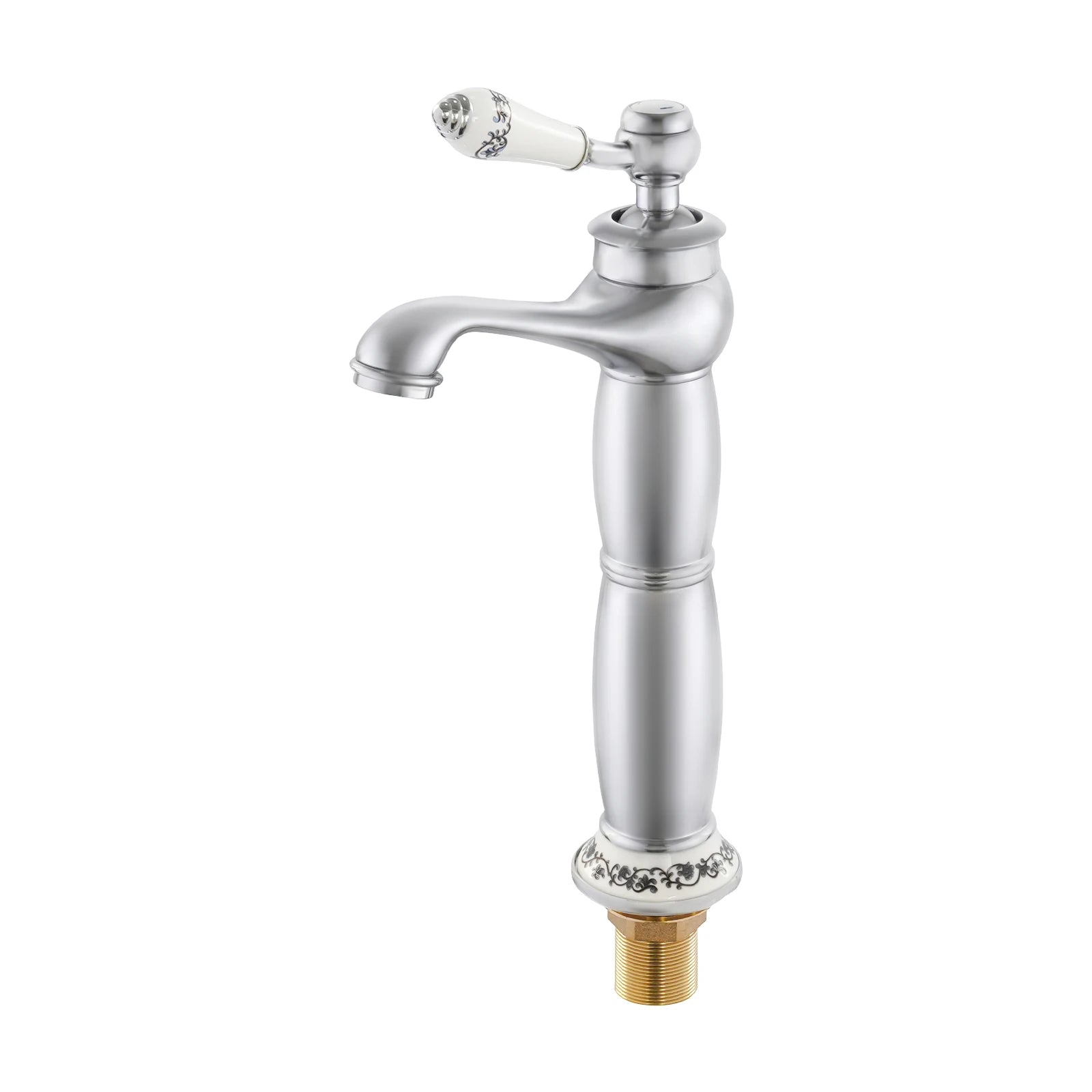 Solid Brass Silver Single-Handle Bathroom Faucet, Chrome-Plated Modern Deck Mount Basin Tap, 0.5-0.7MPa High-Pressure Cold/Hot Water Mixer