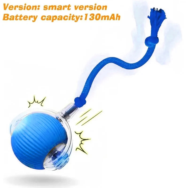 Blue rechargeable smart interactive ball toy with tail for cats and dogs for automatic rolling play.