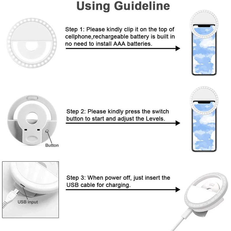 White circular selfie ring light with clip, rechargeable via USB, showing instructions for attachment and use.