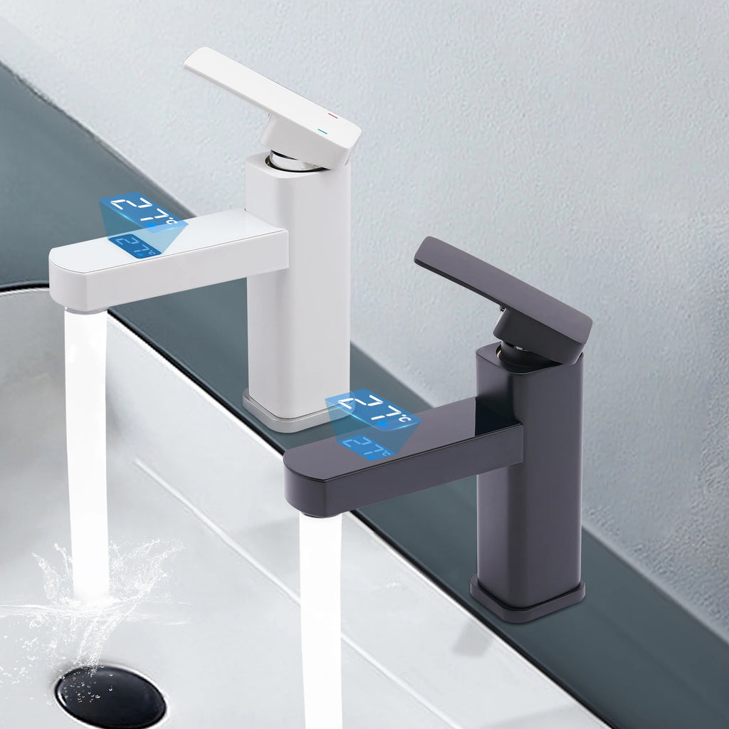Black/White LED's Smart 0-99°C Temperature Digital Display Faucet 10.5*17.5cm G1/2" Deck Mount Basin Faucet