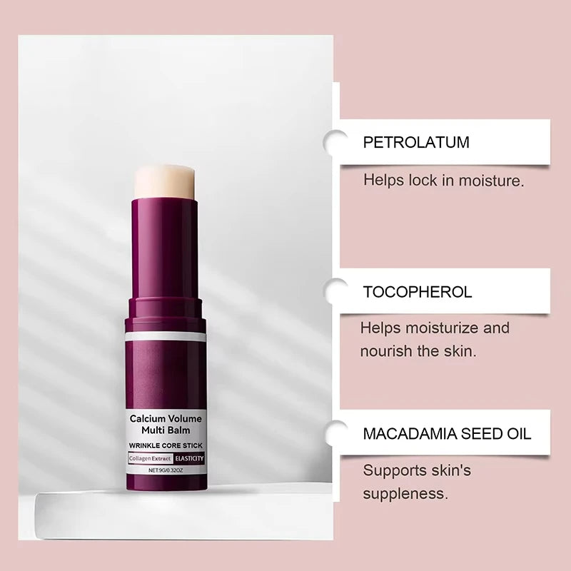 A purple Calcium Volume Multi Balm stick with an extended cream core, alongside ingredient labels.