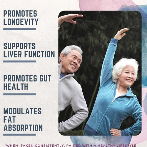 Reishi mushroom extract adaptogen supplement for longevity and wellness, featured in healthy senior lifestyle imagery.